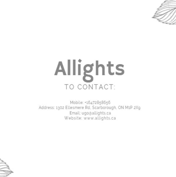 Contact details for Allights including mobile, address, email, and website.